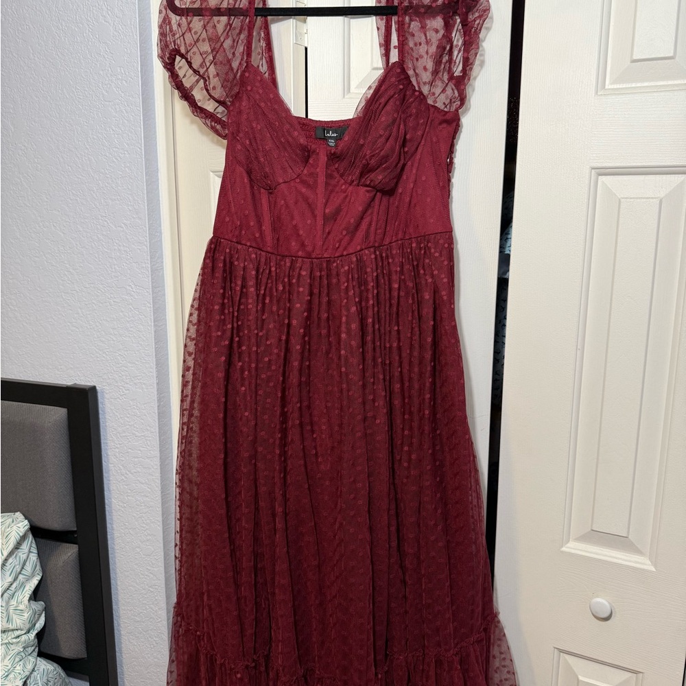 Lulu's Deep Red Tulle Dress with Textured Sleeves